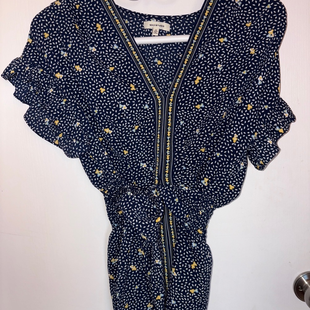 Navy Blue Floral Print Blouse